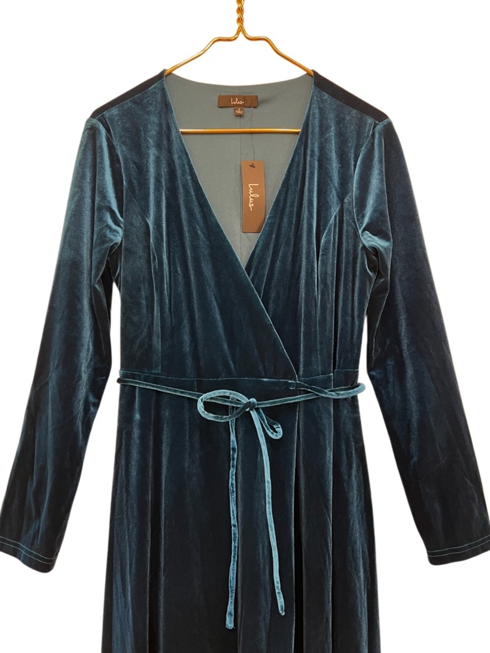 Lulus Jacinda Velvet Wrap Formal Maxi Dress Teal Long Sleeve Gown Size L NWT - Picture 3 of 12